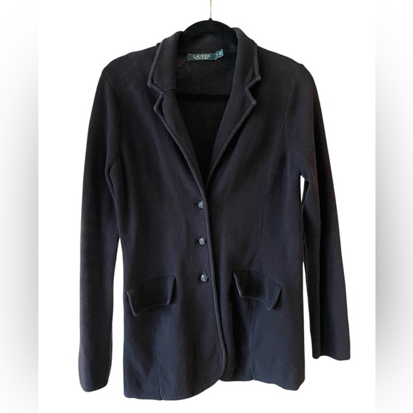 Lauren Ralph Lauren Black Cardigan Sweater Button Collar 100% Cotton Size Medium - Picture 1 of 6